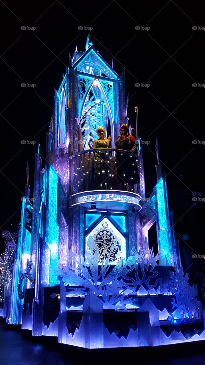 Elsa and Anna during the Paint the Night Parade @ Disneyland.