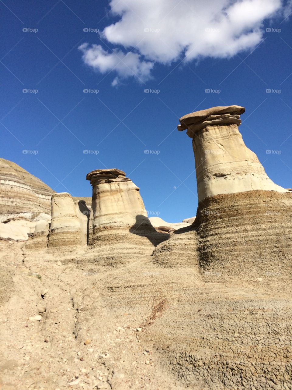 Hoodoos in Alberta on a bright clear day