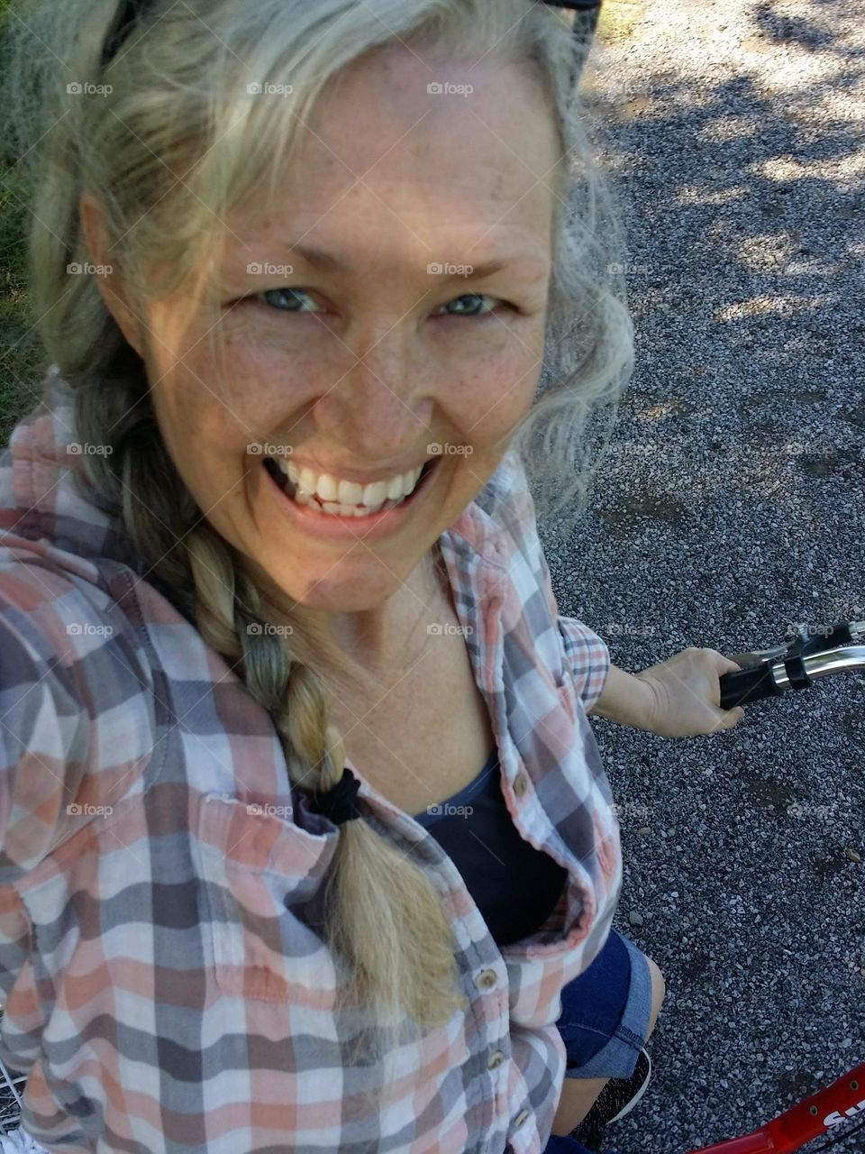 My crazy funky bike riding outfit 🤪 Plaid shirt, denim capris & tennis shoes