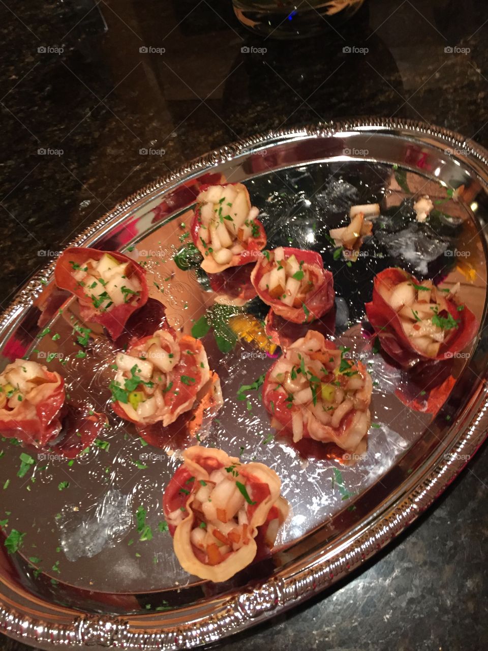 So good! Appetizer. Crispy prosciutto cups with pear