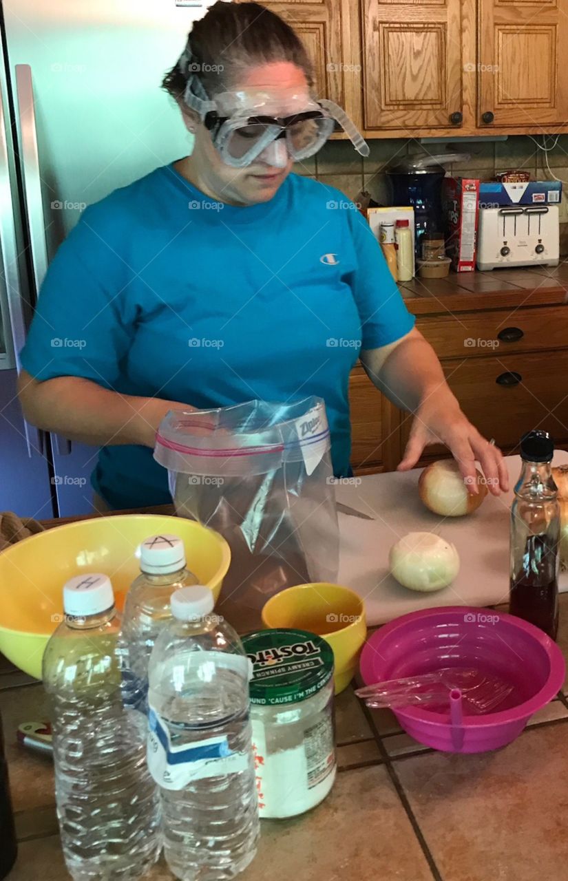 Cutting onions-Ohhhh the burn! I grabbed my son's swimming goggles and they worked like a charm. Unfortunately, I couldn't feel my face after awhile. 