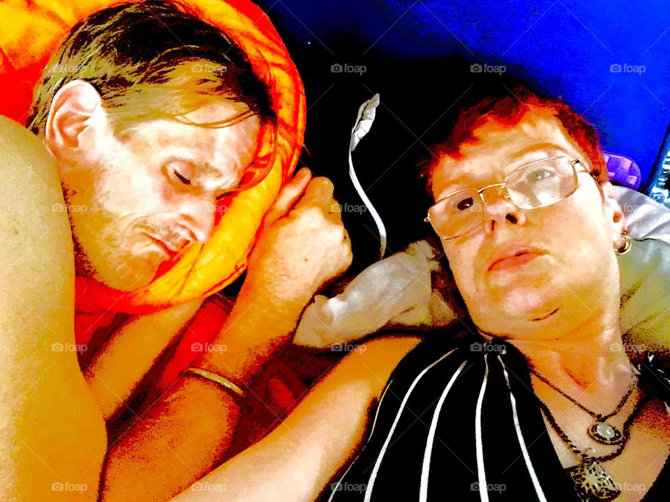 This is me, „Petra Schiller“ a.k.a. „Maxine Firefox“ and my longtime partner „Timothy Trespas“ relaxing aboard the „Salvation“, our „28 ft 1969 Luhrs“ cabin cruiser. 2019. Hypnotic Productions