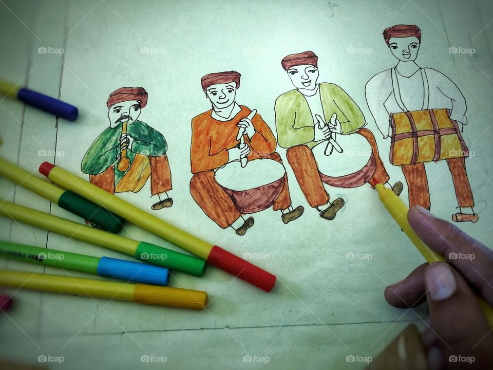 Traditional Himachal Pradesh band group sketch painting in India,south Asia.All people enjoy their music band. Usually used in Marriages and festival in Himachal pradesh in India.