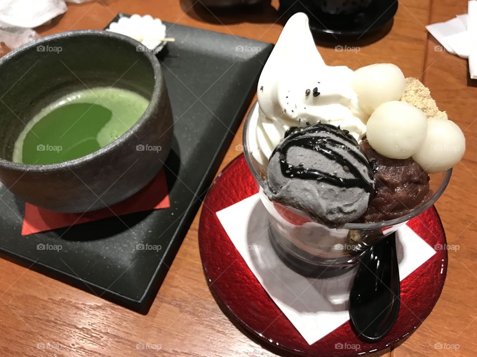 Traditional green tea, green tea cake, delicious Japanese dessert, mochi ice cream, black sesame ice cream 