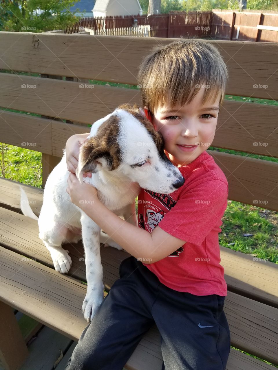 Young boy giving his mixed breed puppy a hug on a bench outdoors