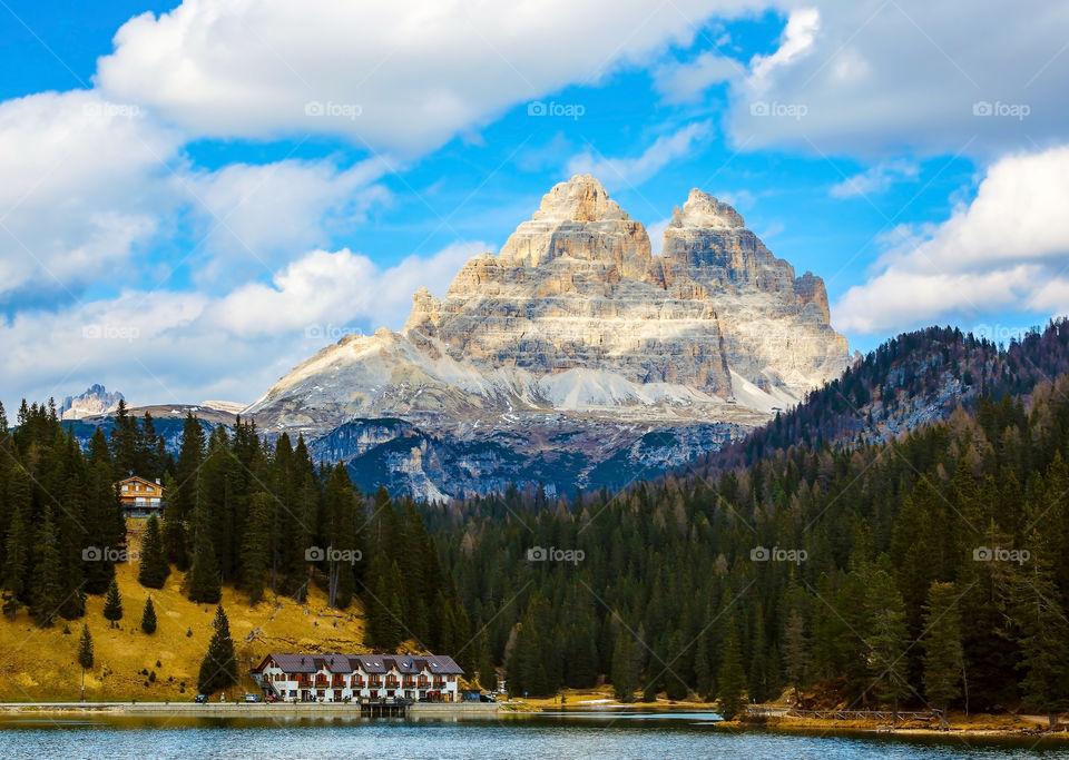 View of mountains peak above lake Misurina, Dolomites of Italy 