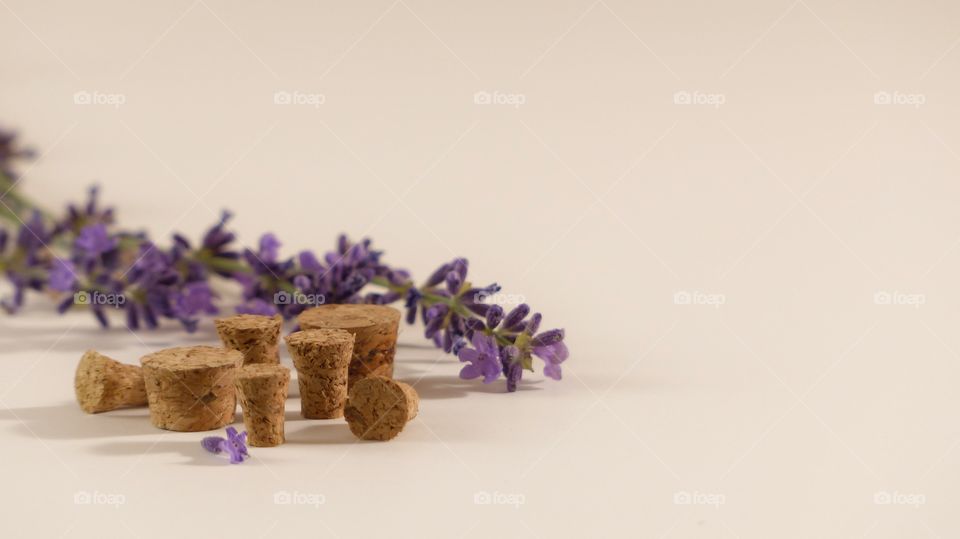 Lavender flowers with cork tops of jars ready to be steeped in oil