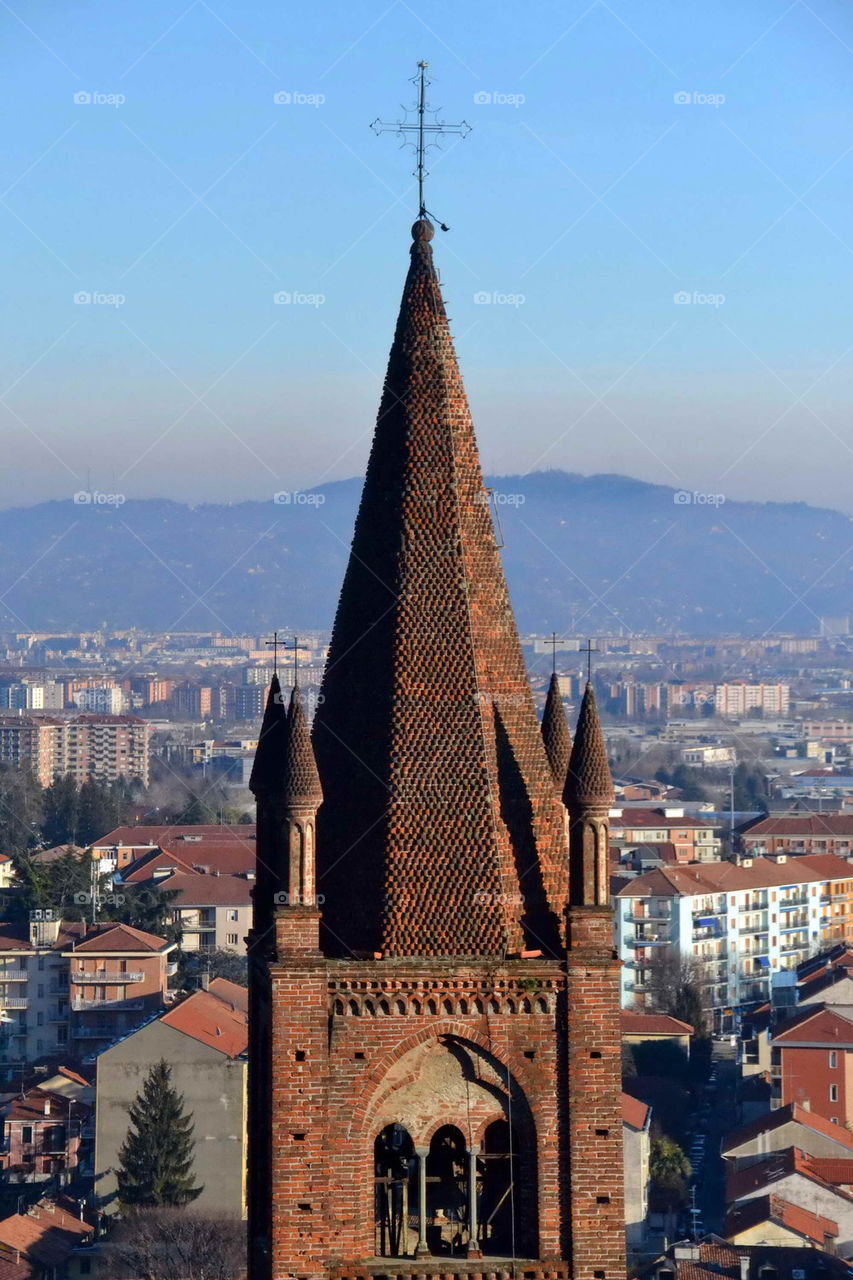 church, bell tower, bell, city, outdoor, roofs, hills, streams, turin,