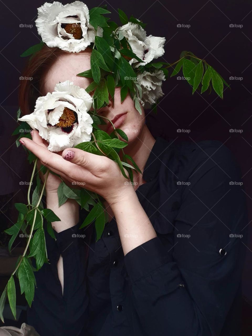 an original portrait of a girl with flowers, namely tree peonies