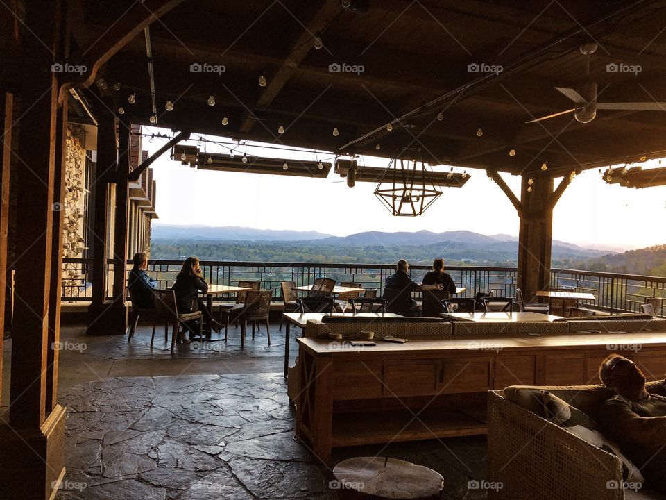 The nice restaurant in the mountains with outdoor terrace with Blue Ridge view 