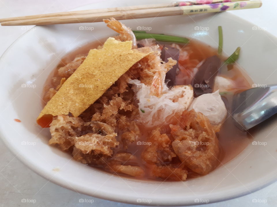 Yentafo, rice noodle in red soup " yentafo " sauce