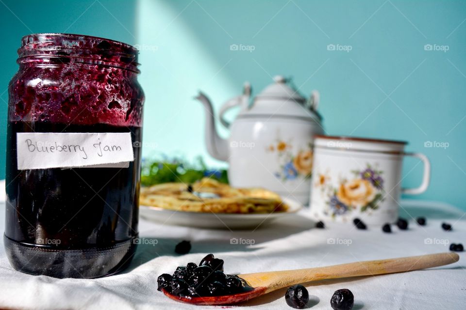 Bluberry jam and pancakes for perfect day