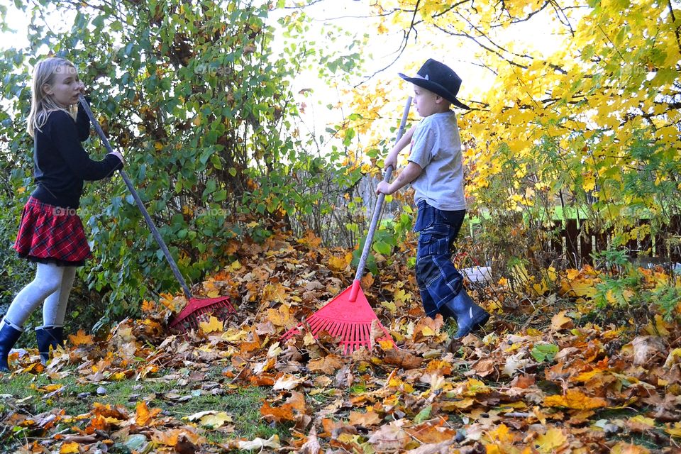 Children raking leaves