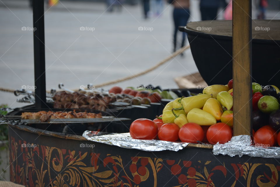 vegetables and meat skewers