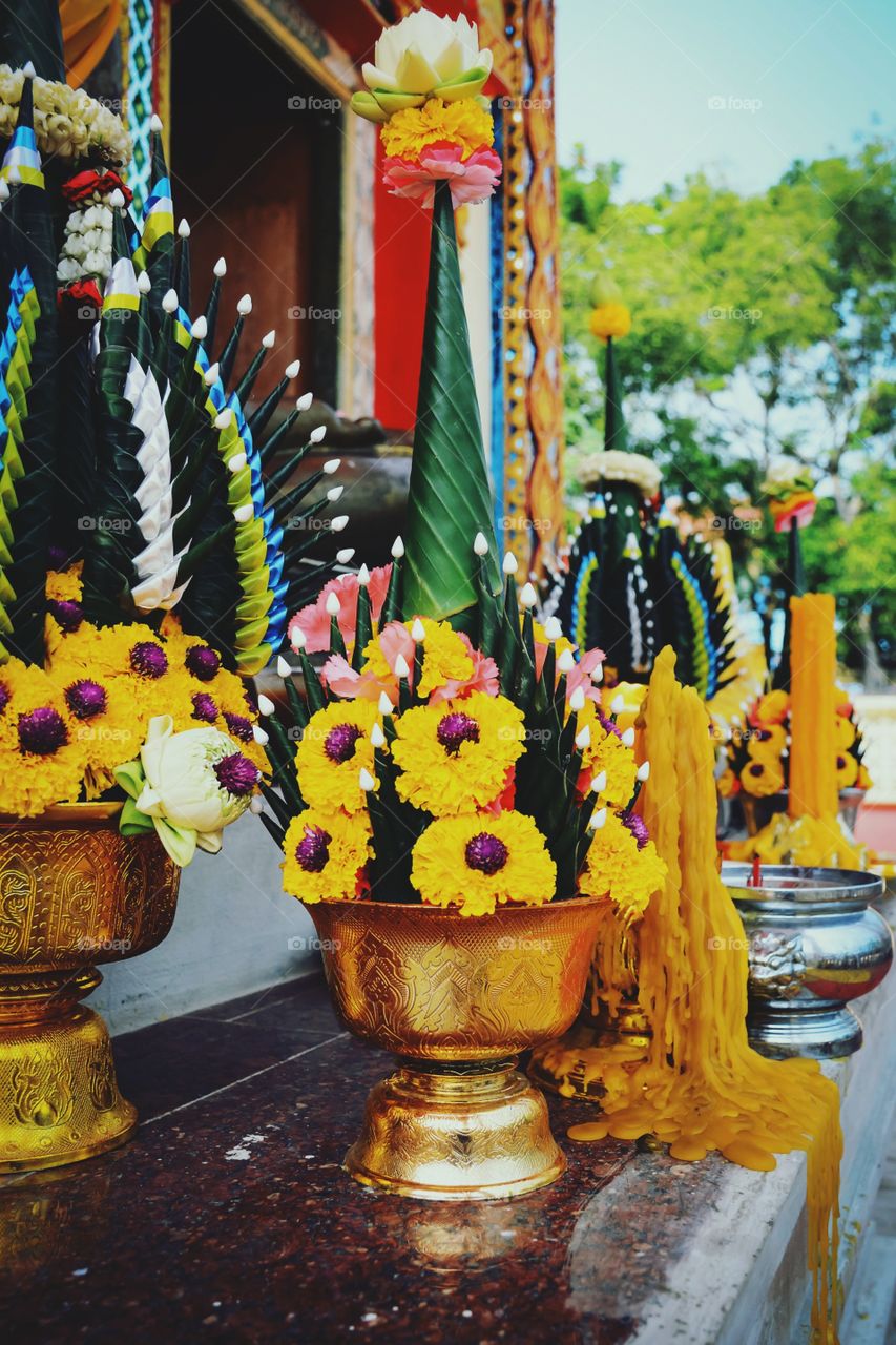 Beautiful bouquet flowers for Worship in Thai temple