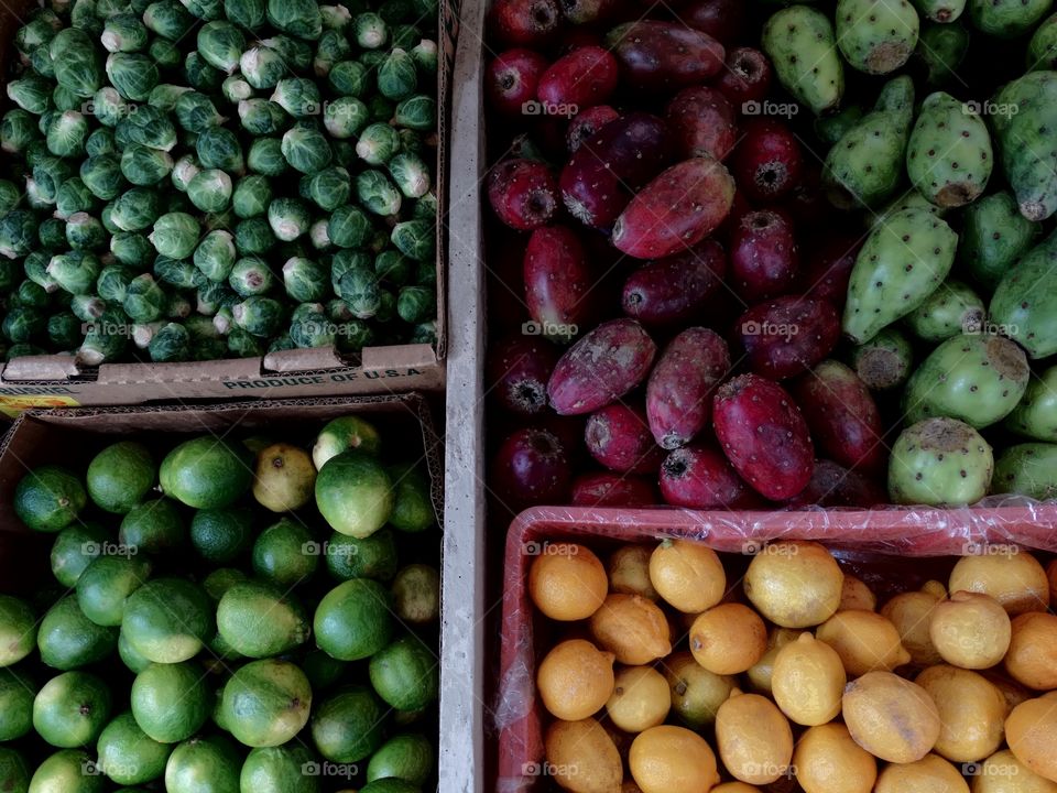 Ripe fruits and vegetables shot from above