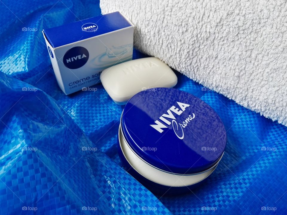 Nivea products on white and blue background