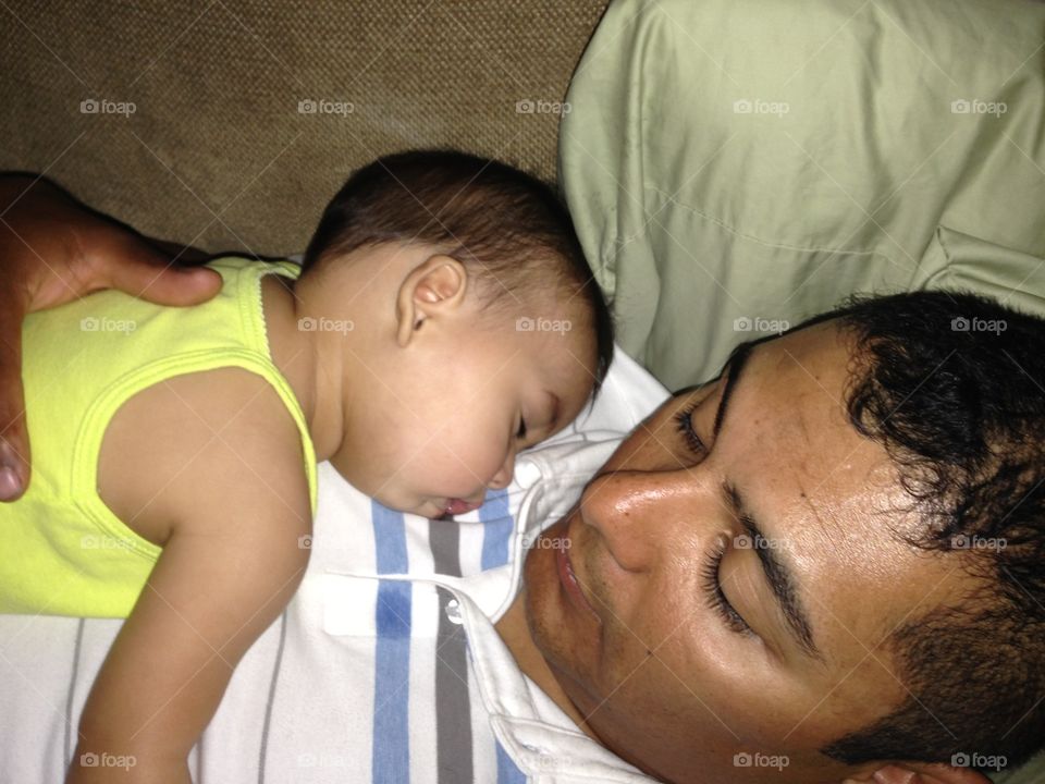 High angle view of father with cute boy