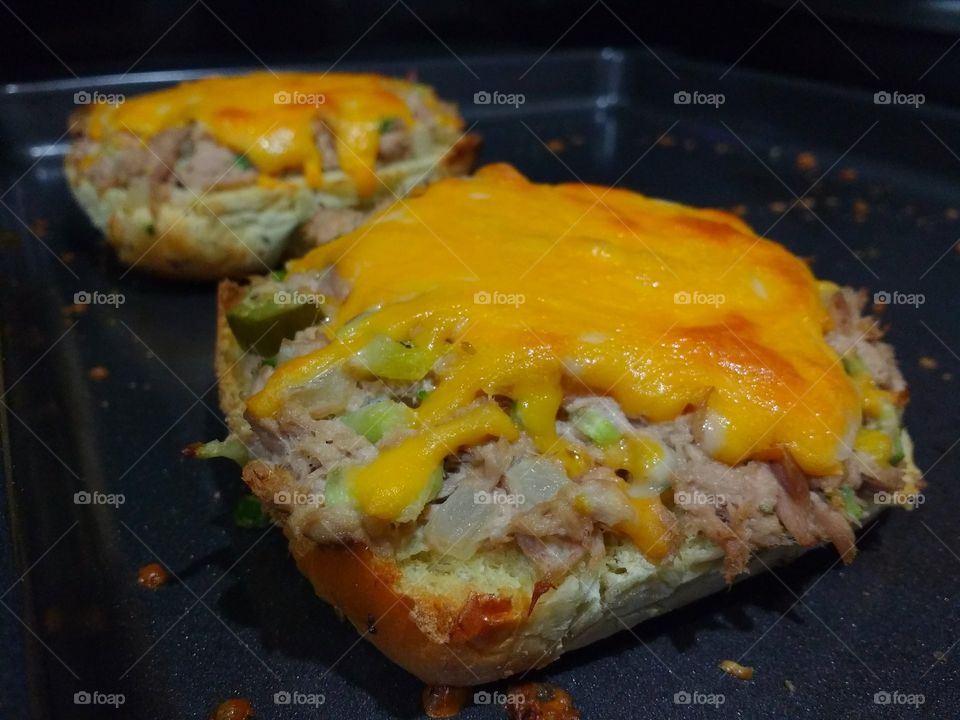 Tuna melt sandwich fresh out of the oven.