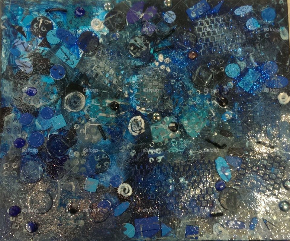 Toddler Art - Shades of Blue. This canvas layer painting was created by the 2-year-olds in my classroom, then donated to the United Way auction.
