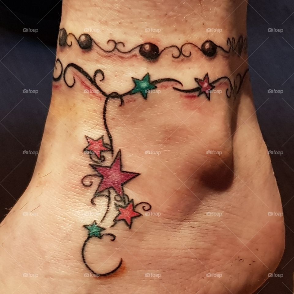 Double ankle bracelet tattoo on lady's ankle (mine!) Happy 50th to me! ... with stars