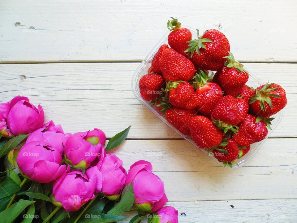 peonies and strawberries