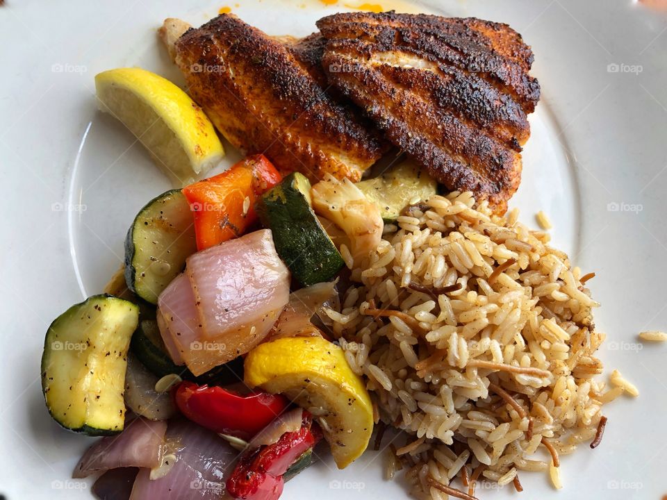 Blackened Catfish With Rice And Vegetables
