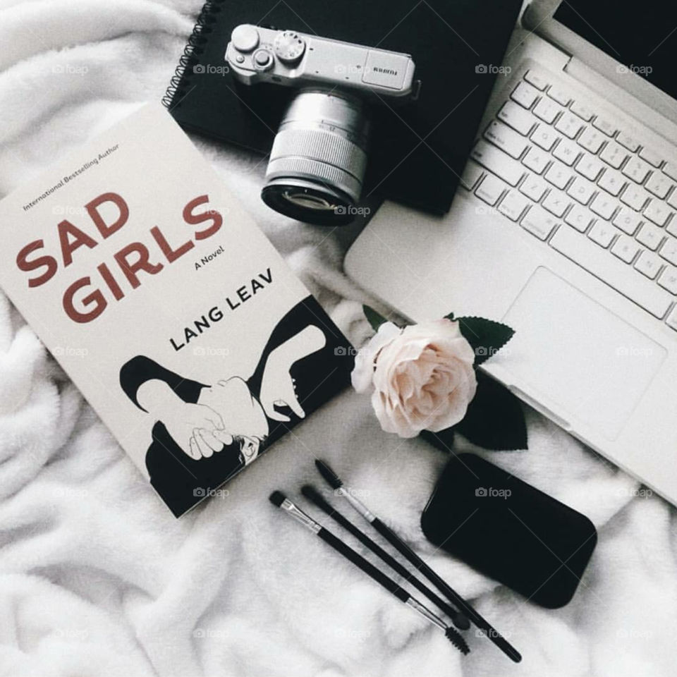 Sad Girls. pink rose, rose, flat lay photography, poetry, books, food, magazines, laptop, white theme, clean, tumblr, still life photography, commercial, ads, office, coffee, flatlay, minimal, minimalist, aesthetic, art, camera, fuji film, makeup