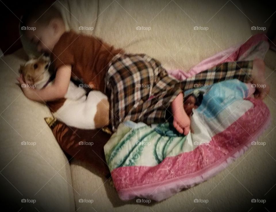 Toddler sleeping with dog