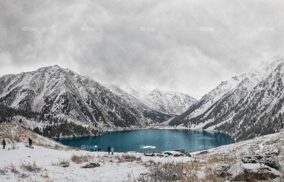 Big Almaty Lake on snowing day ,Kazakstan 