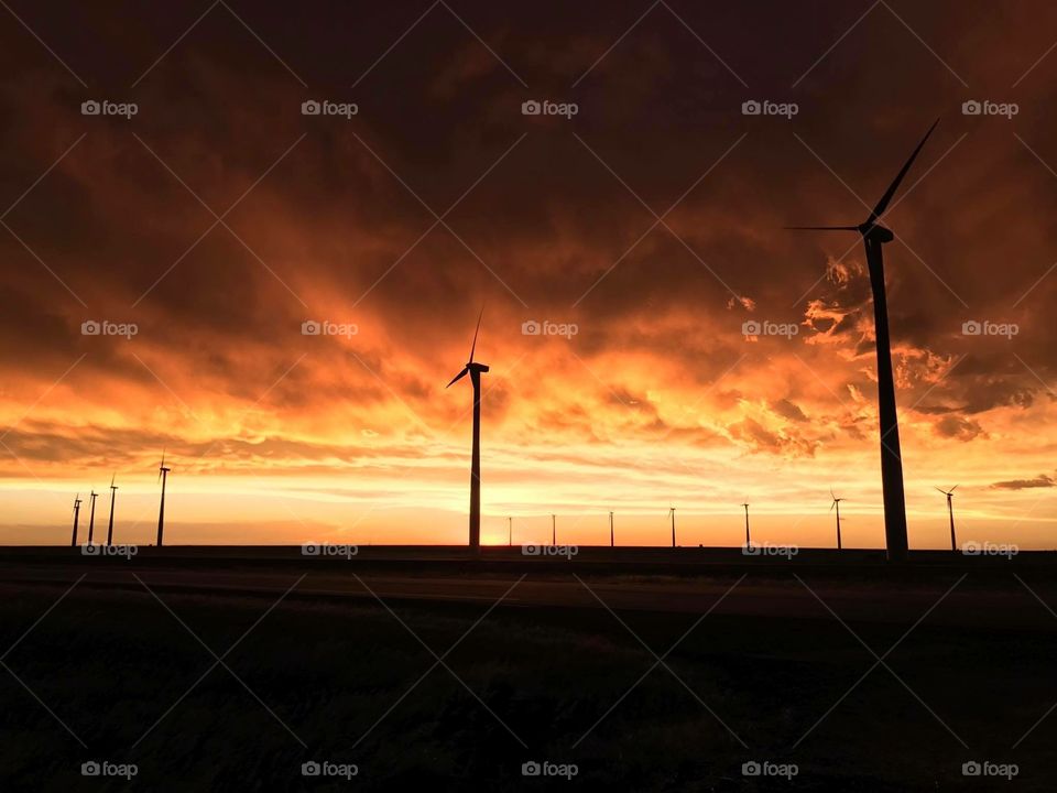 Orange Kansas Sunset with Windmills