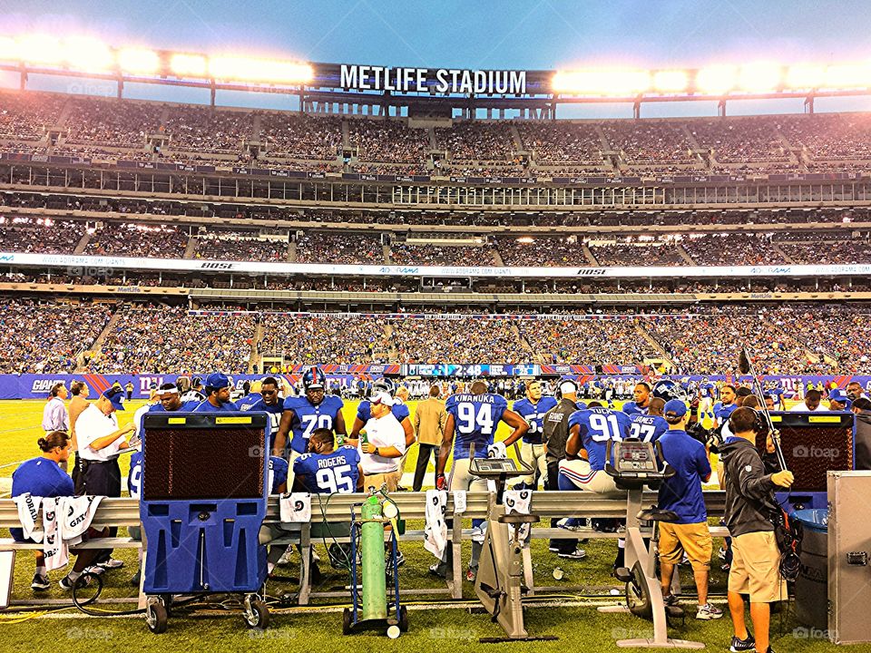 On the New York Giants sideline at MetLife Stadium in East Rutherford New Jersey