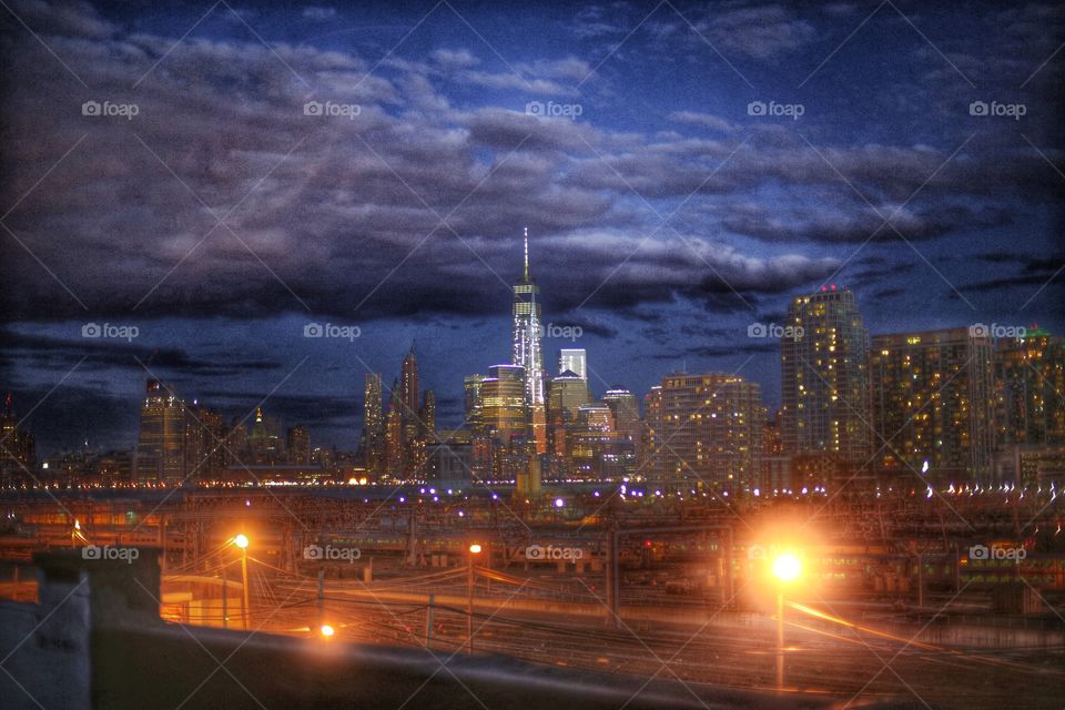 Gotham. View from a Hoboken rooftop in New Jersey on a early summer night 