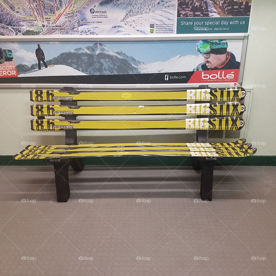Ski bench in NH made out of skiis