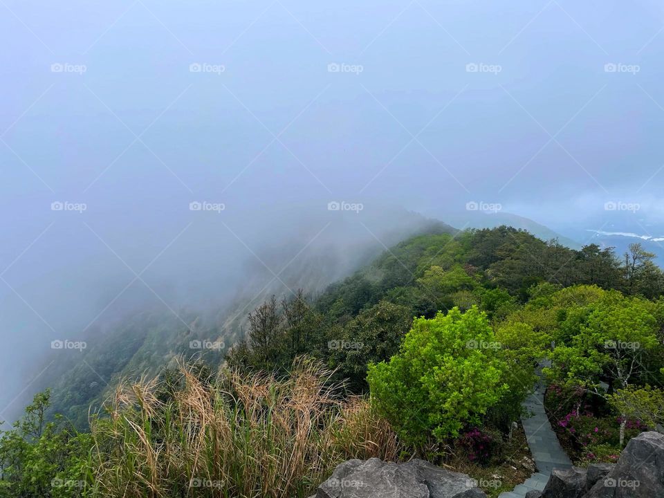 Surrounded by clouds and fog