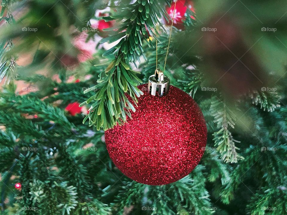 Red bauble on a natural Christmas tree