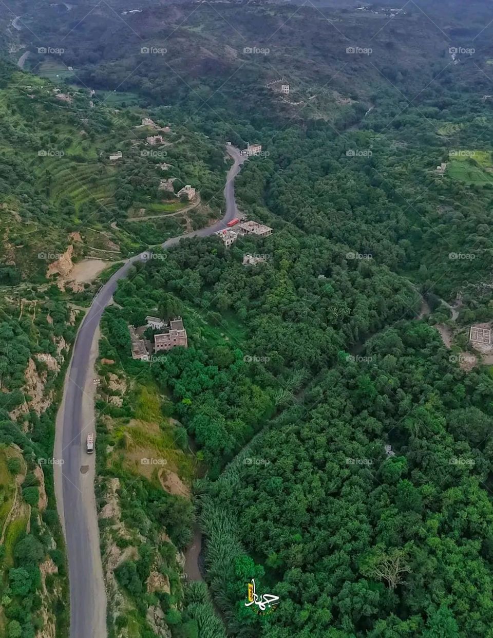 The image embodies a natural natural plate of the mountains of nature, where green agricultural stands are graded on the slopes as if they were lines of a poem, which fog harmoniously wrapped, and clouds hugged them in the mountain knife and the whis