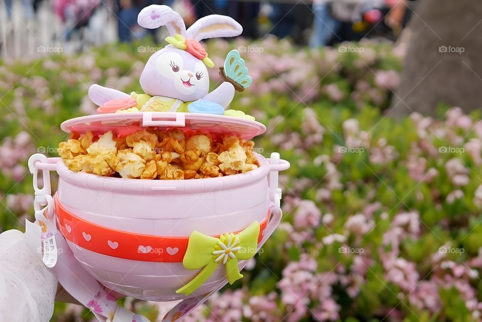 Rabbit cup with popcorn in the flower garden