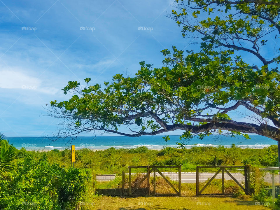 Dia ensolarado com paisagem de frente para o mar.