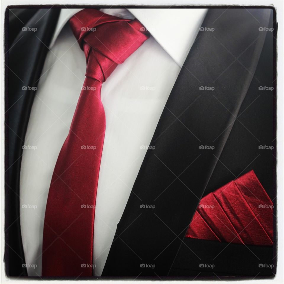 red tie with pocketsquare