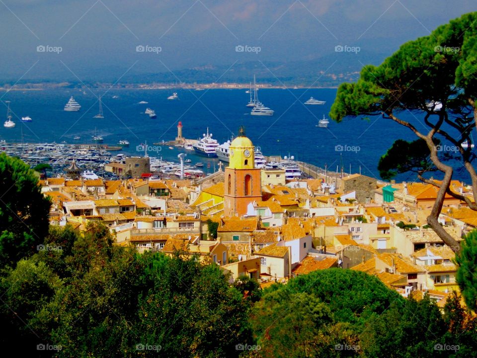 View of Saint Tropez, France from a nearby hilltop. 