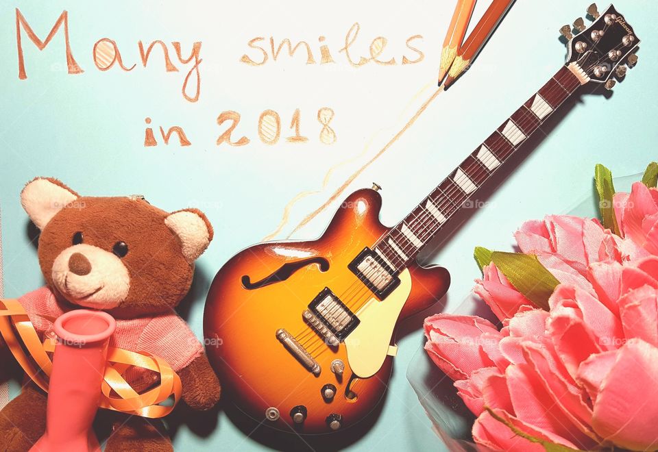 Teddy bear, guitar, new year's wishes