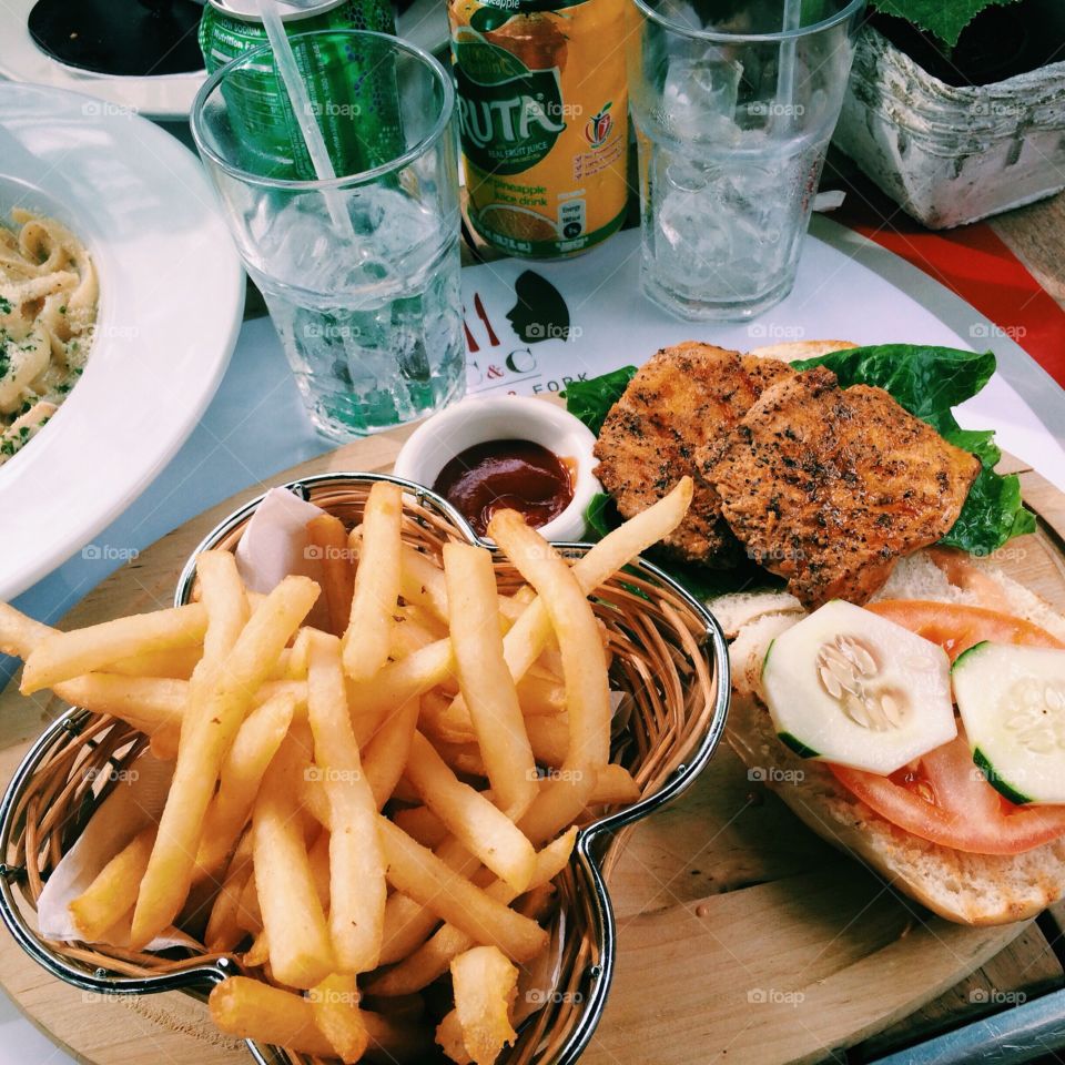 Chicken burger and fries.