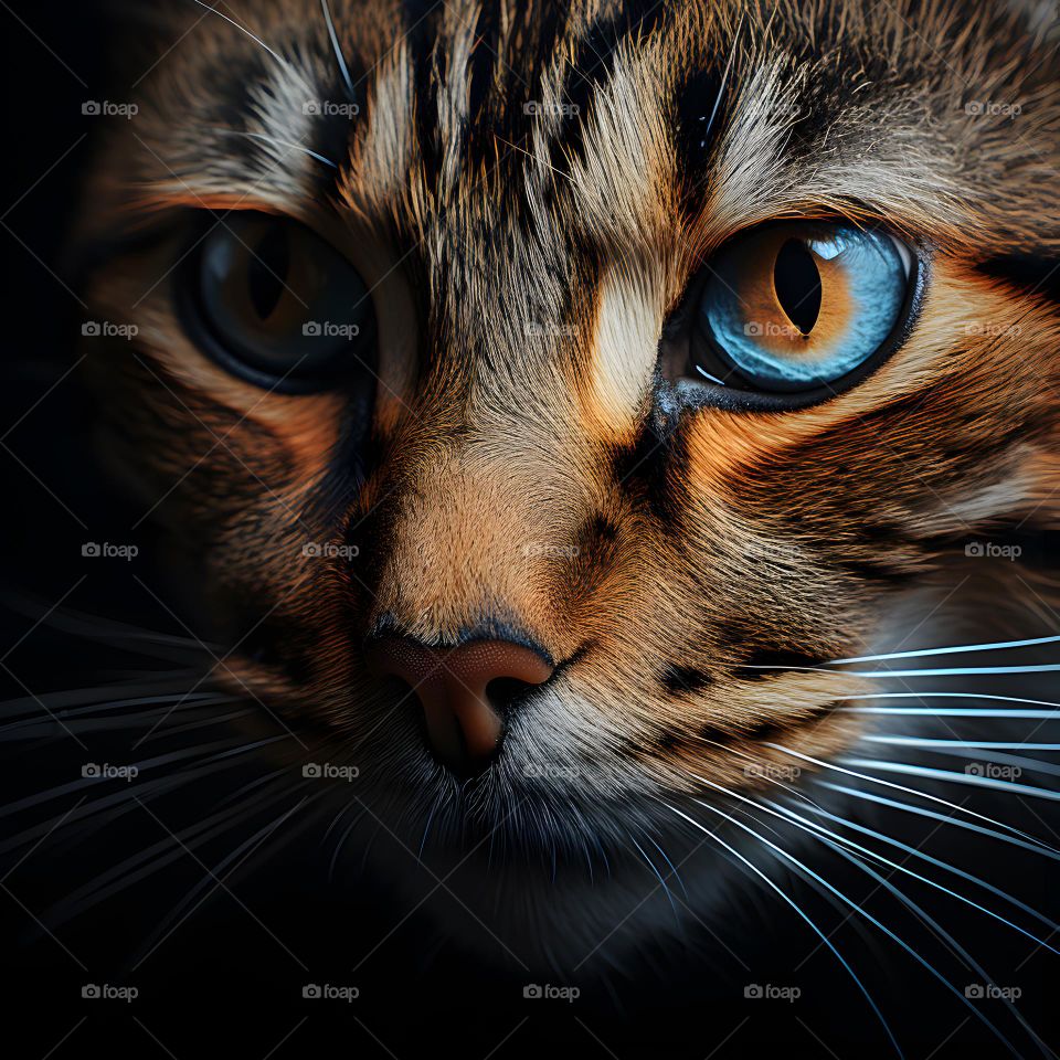 close up of a cat face with round eyes, in the style of vray tracing, photo-realistic techniques