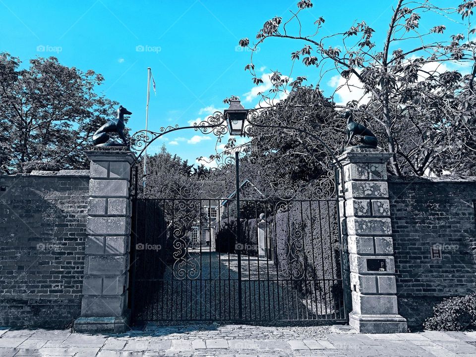 Ornate iron gates with statues of Greyhound dogs, Salisbury, England