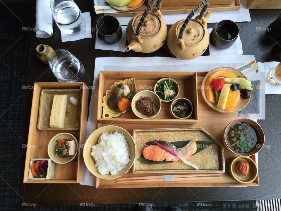 Japanese breakfast with salmon, tamago
