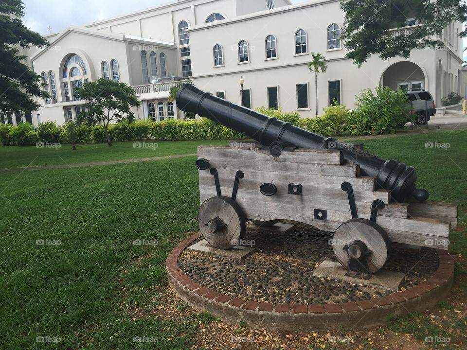 Cannon in Spanish plaza on Guam facing the cathedral