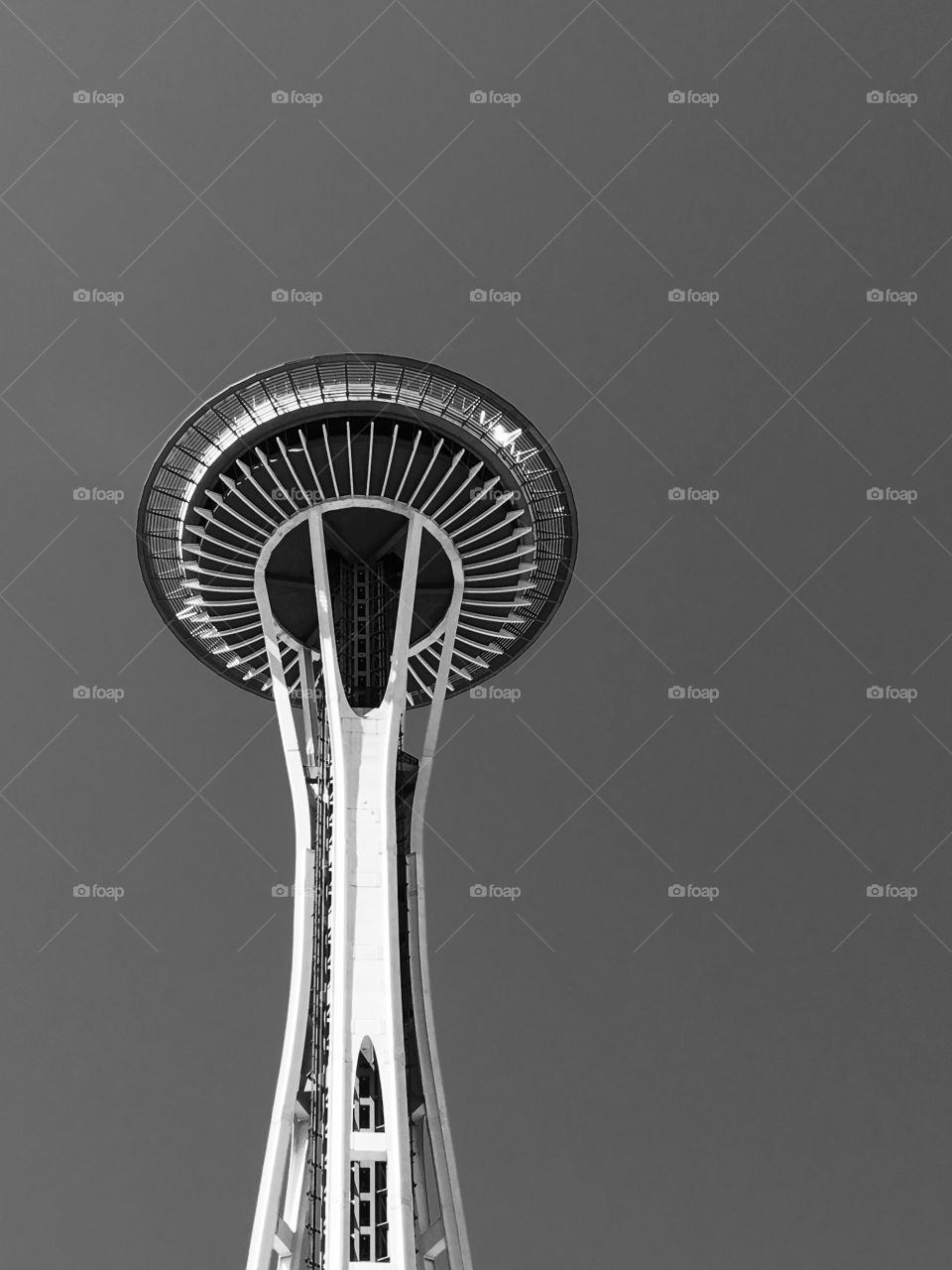 Black and white Seattle space needle architecture with clear sky no clouds