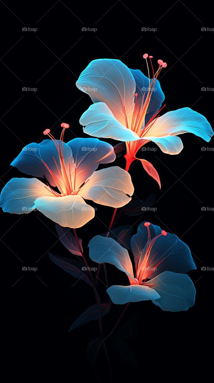 blooming light blue flowers on dark background in the style of luminescent lightscapesblooming light blue flowers on dark background in the style of luminescent lightscapes