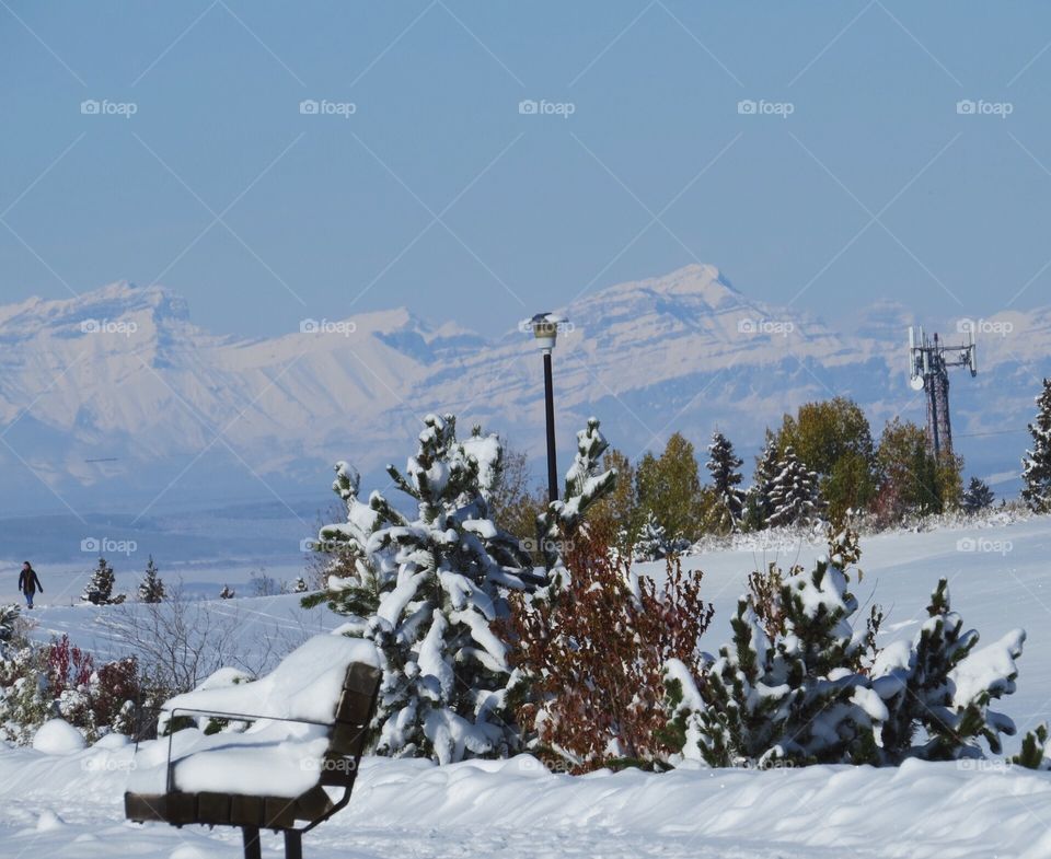 Bench, snow, mountains